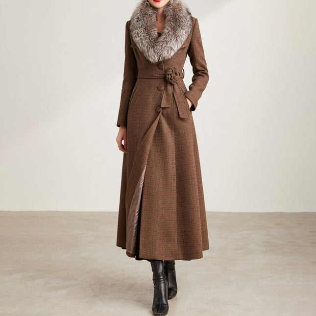 Double Collar Long Slim Fit Tweed Coat