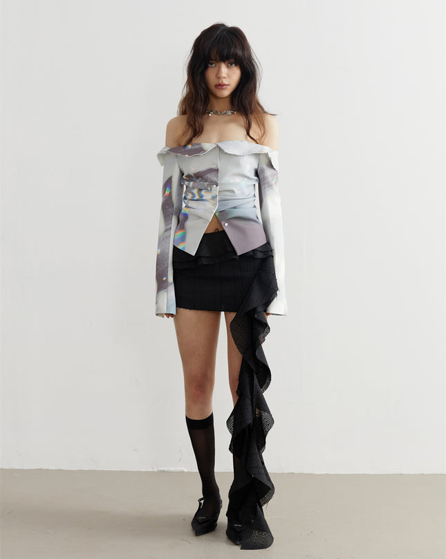 Ladies Designer Natural Light And Shadow Print Caution Machine Shirt