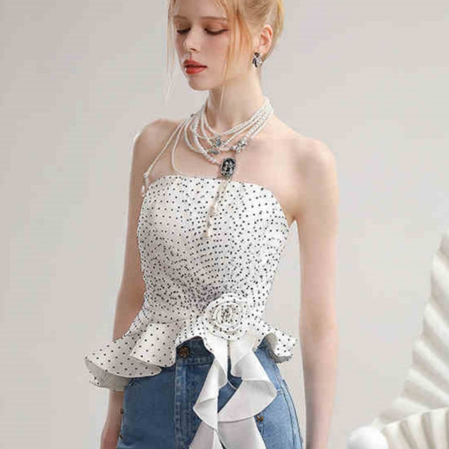 Summer Contrast Color Polka Dot Irregular Spaghetti-strap Top