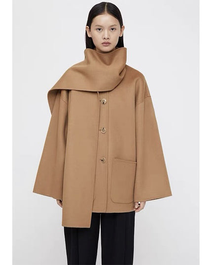 Autumn And Winter New Wide Version Loose Scarf Collar Design Woolen Coat Overcoat Women