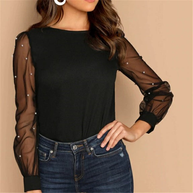 Women's Long Sleeve Beaded Mesh Patchwork Top Shirt