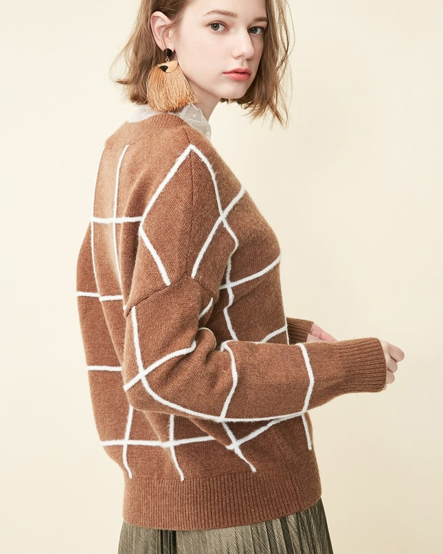 Spring new pattern check V-neck short sweater