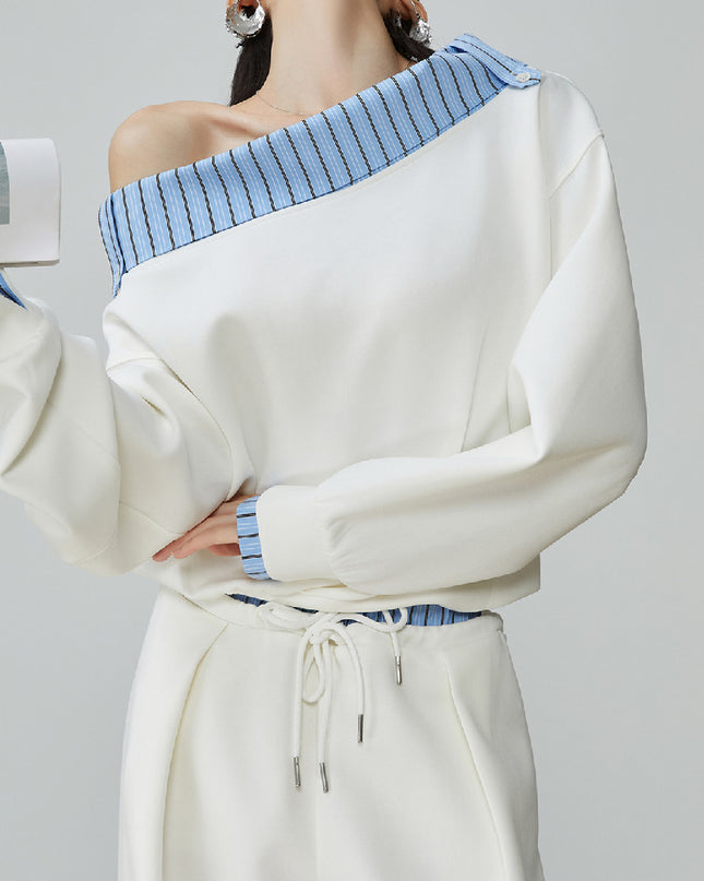 Two Piece Set Of Blue And White Striped Collared Sloping Shoulder Hoodie And Wide Leg Pants