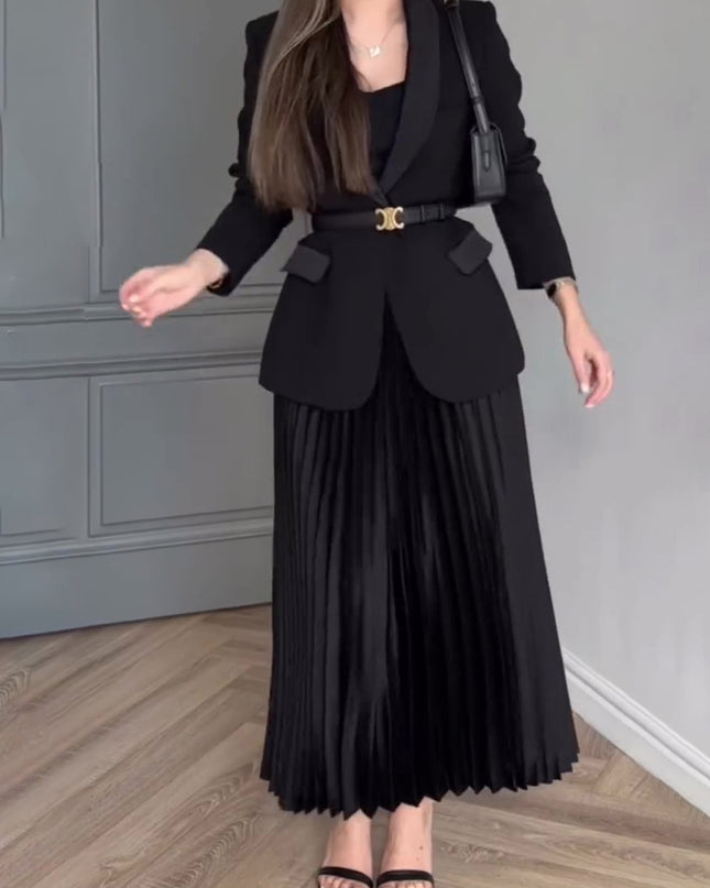 Solid Color Blazer & Pleated Skirt Suit