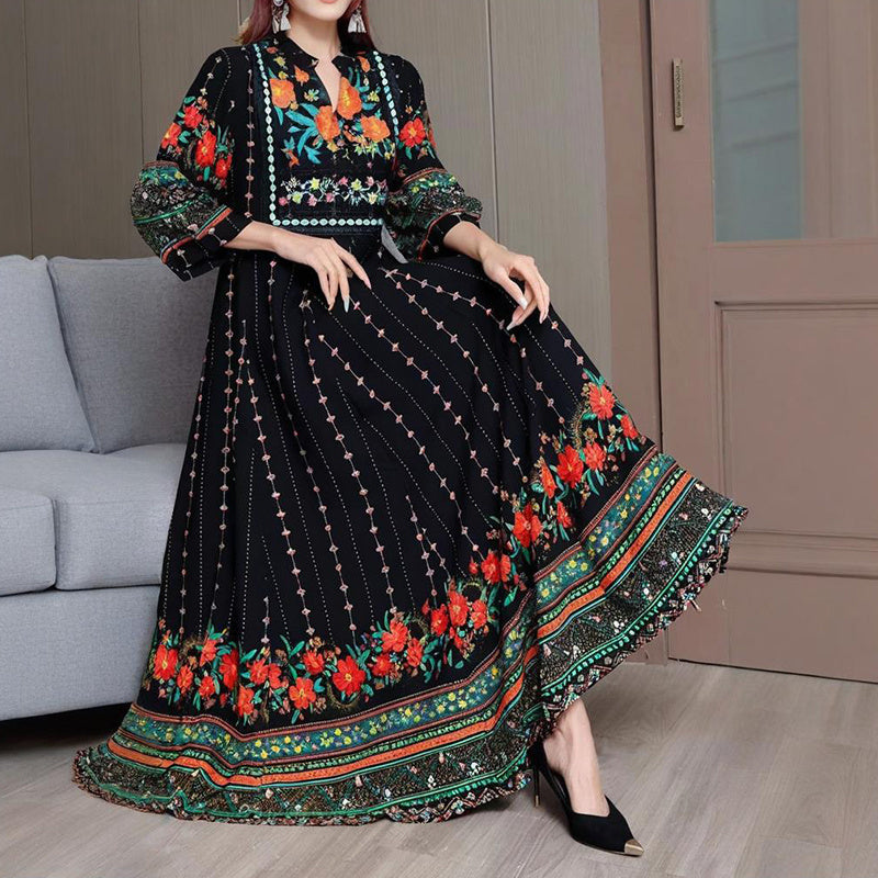 Women's Ethnic Style V-Neck Long Sleeve Dress