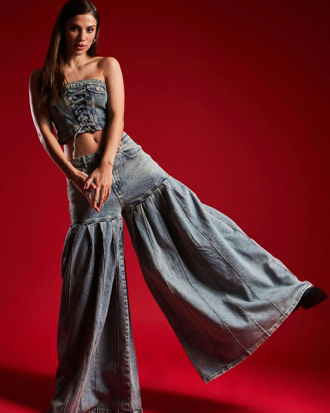 Strapless Denim Corset Crop Top & High - Waisted Pleated  Wide - Leg Pants Set