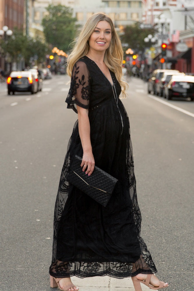Maternity Dresses for Photo Shoot Summer V Neck White Lace white Maxi Dress