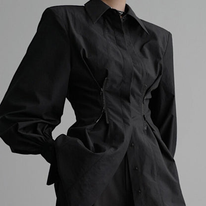 All-match Loose Slimming Zipper Long Sleeve Waist Trimming Shirt