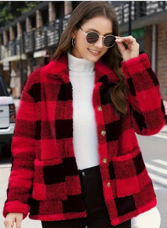 Plaid Plush Long-sleeved Winter Fashion Casual Jacket