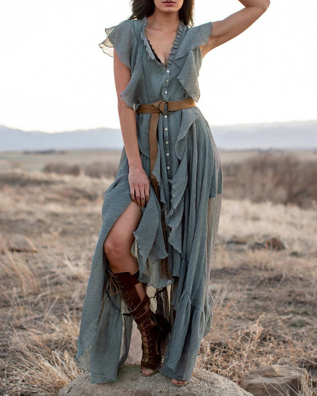 V-neck Short Sleeve Ruffles Long Tie Dress