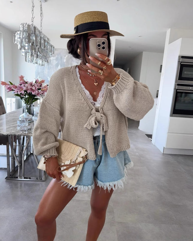 Short Thick Needle Bow Bandage Reverse Cardigan Jacket