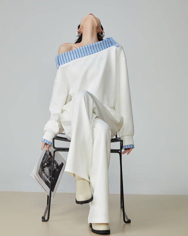 Two Piece Set Of Blue And White Striped Collared Sloping Shoulder Hoodie And Wide Leg Pants