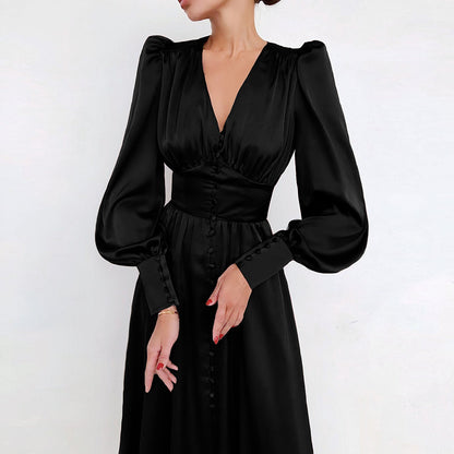 Design Balloon Sleeve Nipped Waist French Satin Dress