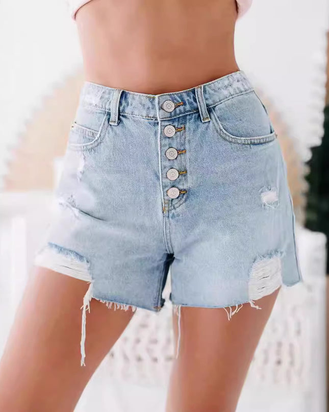 Fashion Casual Ordinary Water Washed Hole Raw Edge Denim Shorts