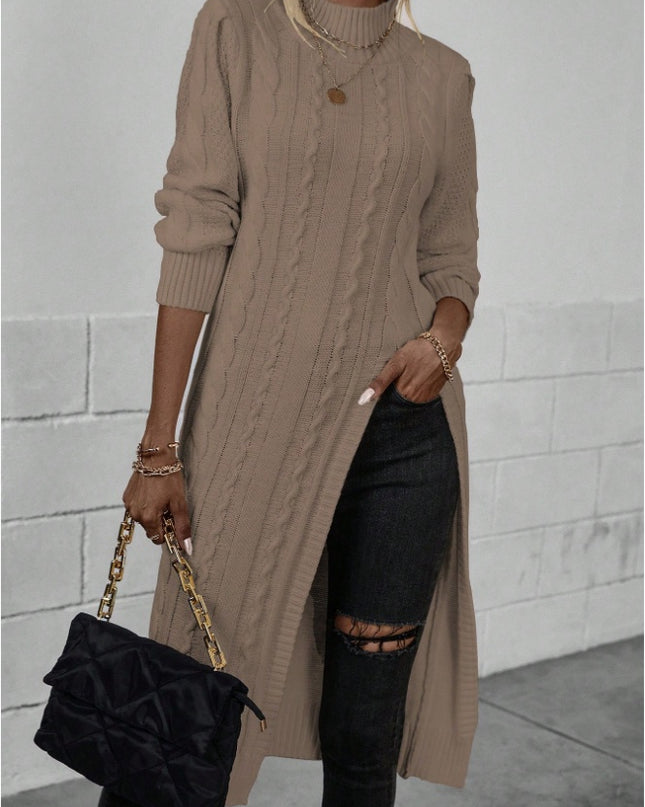 Women Crew Neck Long Sleeve Split Hem Minimalist Sweater