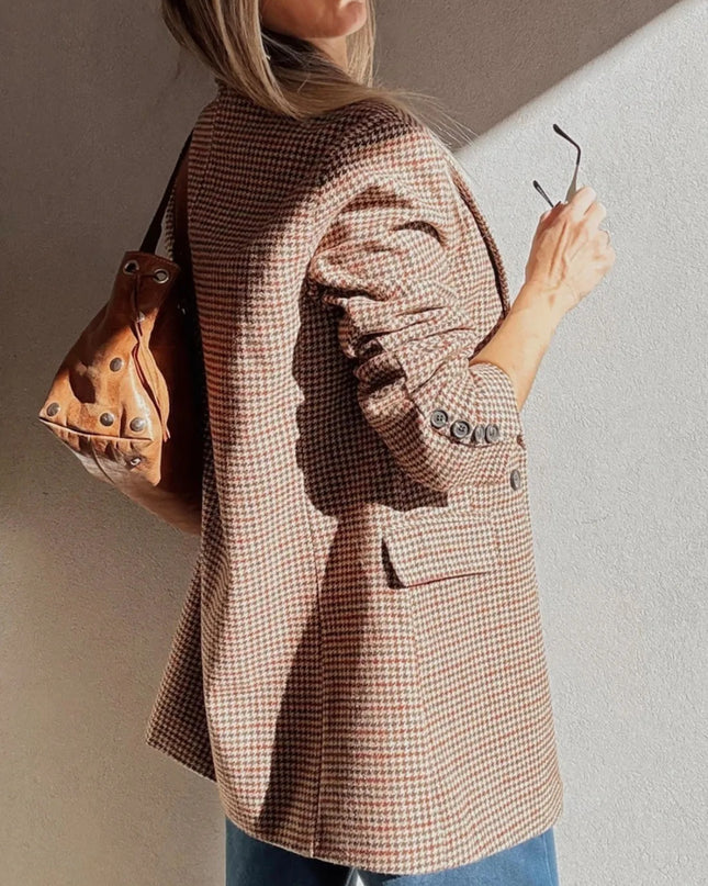 Brown Houndstooth Lapel Collar Blazer