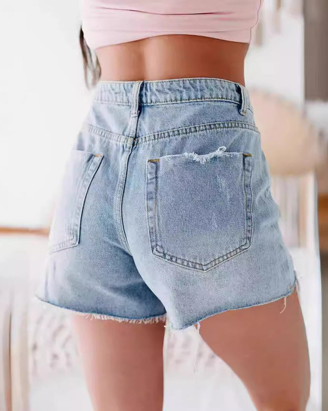 Fashion Casual Ordinary Water Washed Hole Raw Edge Denim Shorts