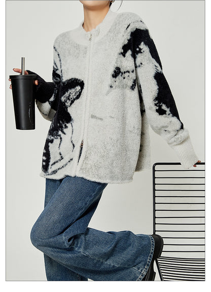 Grey Color Blocked Cardigan Sweater Round Neck Knit