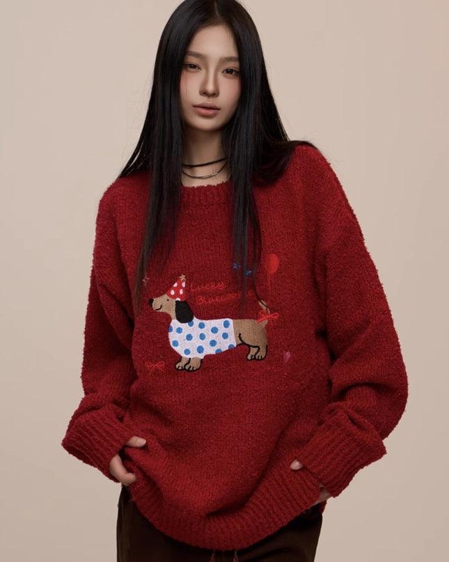 Christmas Red Couple's Sausage Dog Towel Embroidered Sweater