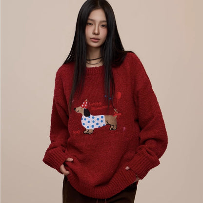 Christmas Red Couple's Sausage Dog Towel Embroidered Sweater