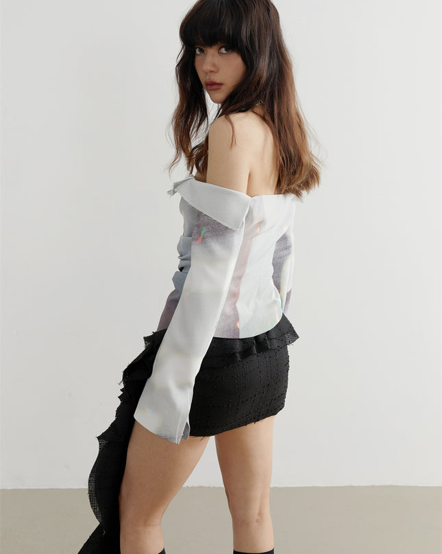 Ladies Designer Natural Light And Shadow Print Caution Machine Shirt