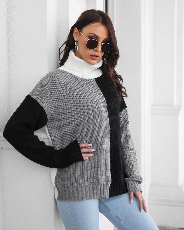 High Neck Drop Shoulder Long Sleeve Knitted Sweater For Women
