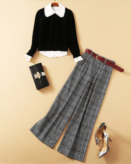 New Style Wooden Ear Shirt With Mohair Sweater And Plaid Wide-leg Pants Three-Piece Suit