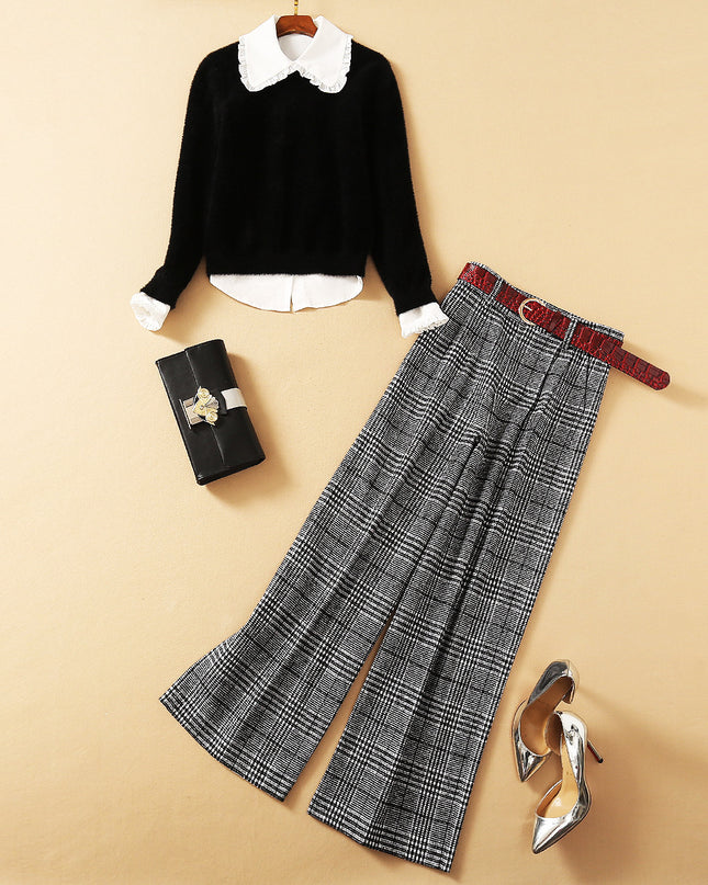 New Style Wooden Ear Shirt With Mohair Sweater And Plaid Wide-leg Pants Three-Piece Suit