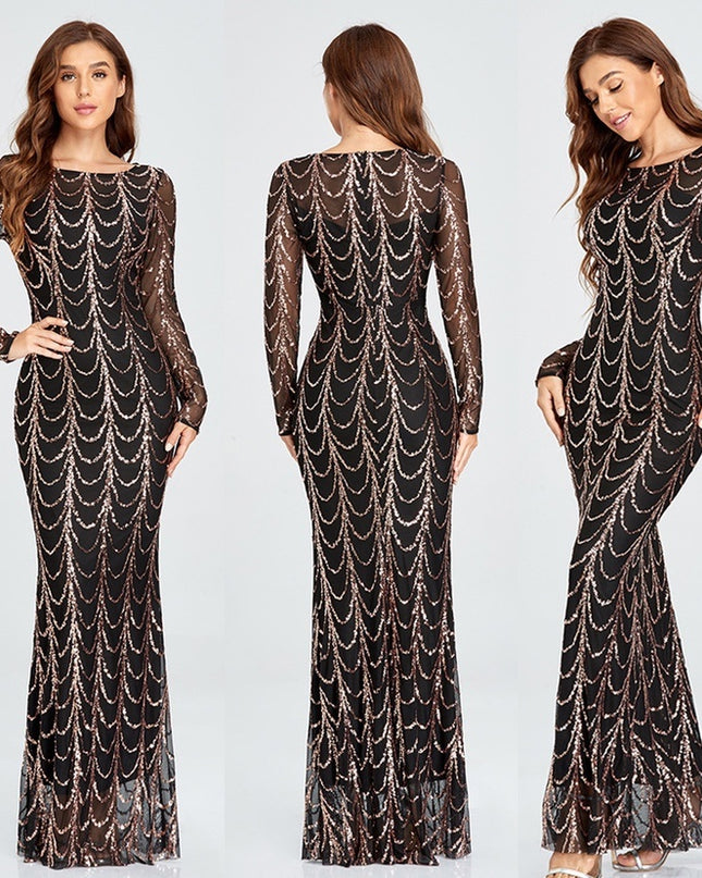 Sequins Women Maxi Dresses Long Sleeve Female Party Dresses