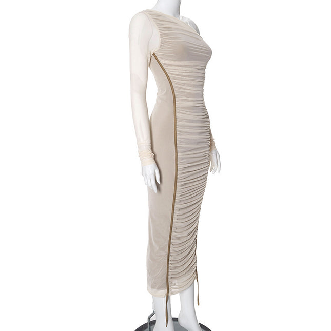 Women's Diagonal Collar Long Sleeve High Waist Mesh Dress