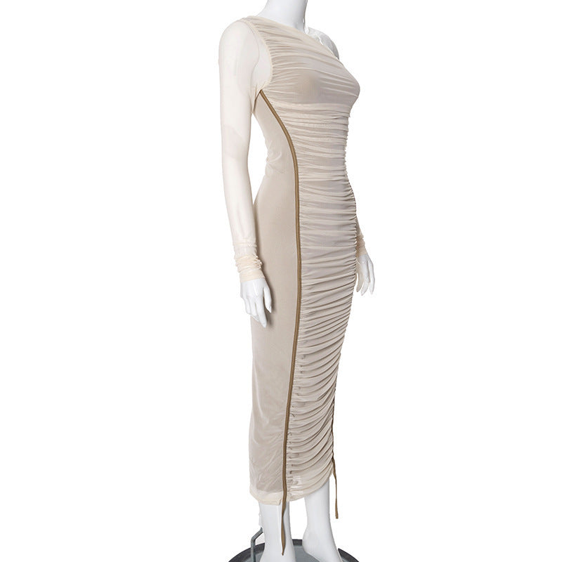 Women's Diagonal Collar Long Sleeve High Waist Mesh Dress