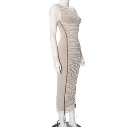 Women's Diagonal Collar Long Sleeve High Waist Mesh Dress