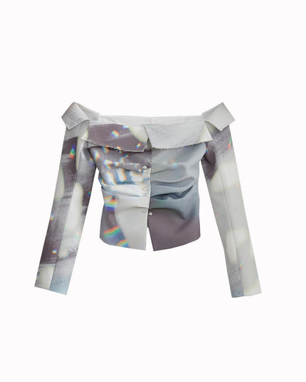 Ladies Designer Natural Light And Shadow Print Caution Machine Shirt