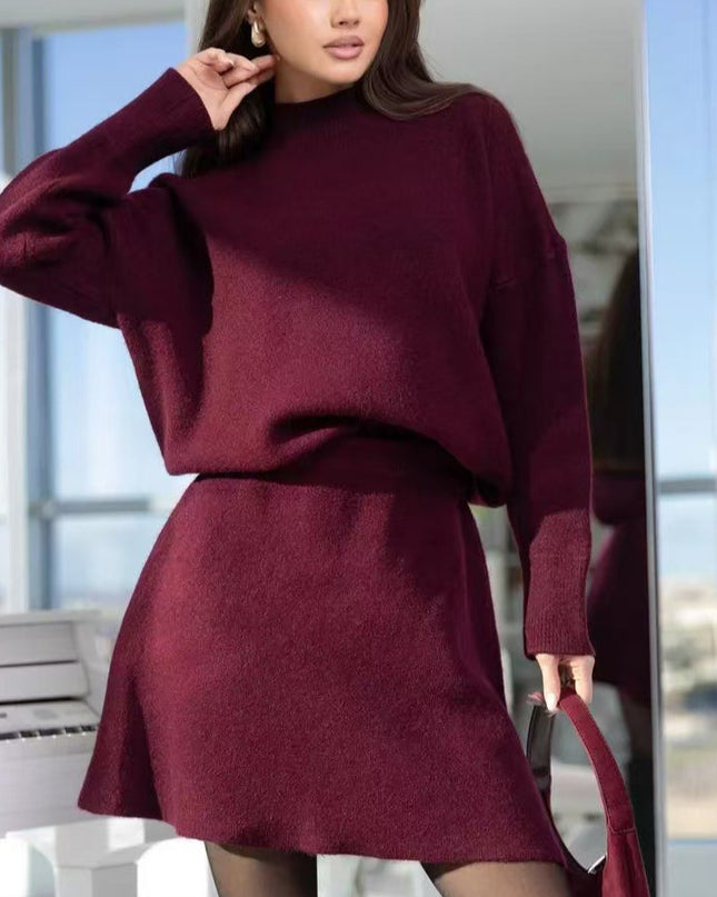 Mock Neck Sweater Autumn And Winter Knitting Top A- Line Skirt Two Pieces