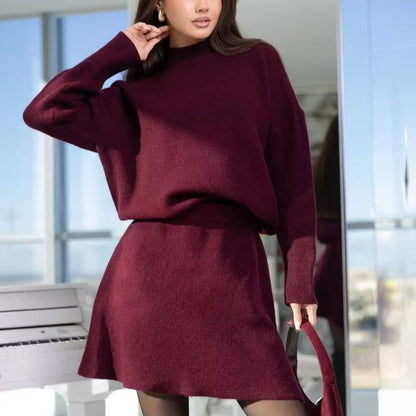 Mock Neck Sweater Autumn And Winter Knitting Top A- Line Skirt Two Pieces