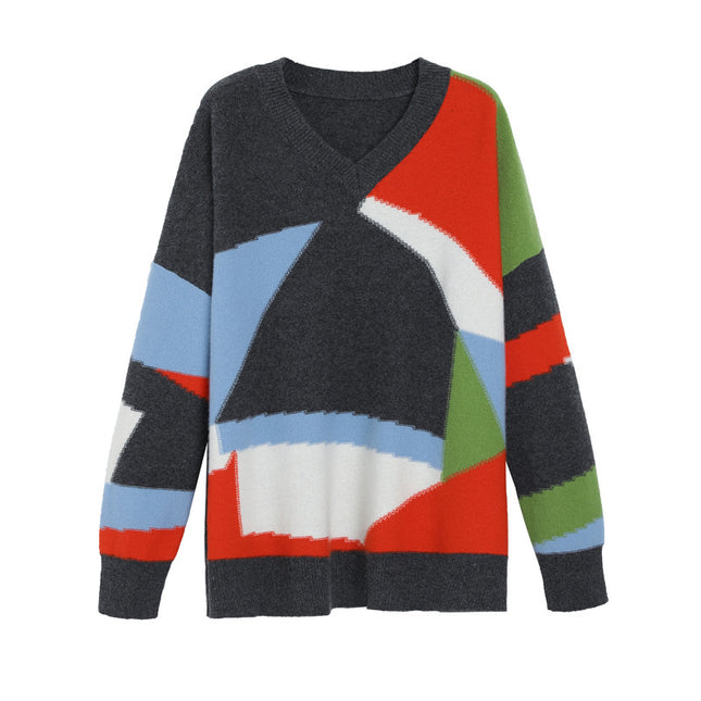 Colorblock V-neck Loose Lazy Knit Sweater