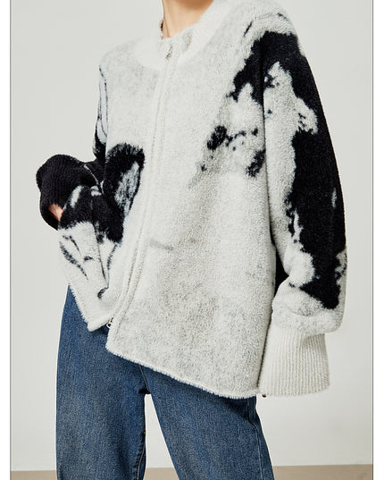 Grey Color Blocked Cardigan Sweater Round Neck Knit