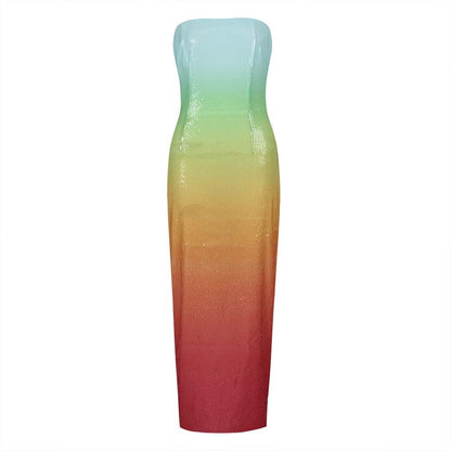 European And American Women's Clothing Fashion Sexy Figure Tube Top High Waist Gradient Color Dress Women