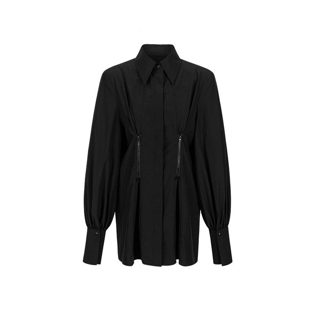 All-match Loose Slimming Zipper Long Sleeve Waist Trimming Shirt