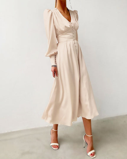 Design Balloon Sleeve Nipped Waist French Satin Dress