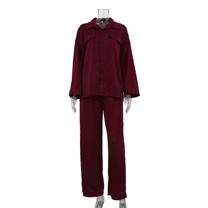 Lapel Long Sleeve Loose Shirt High Waist Trousers Two-piece Set