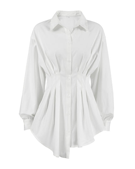 Cinched Pleated Lapel Long Sleeve Shirt