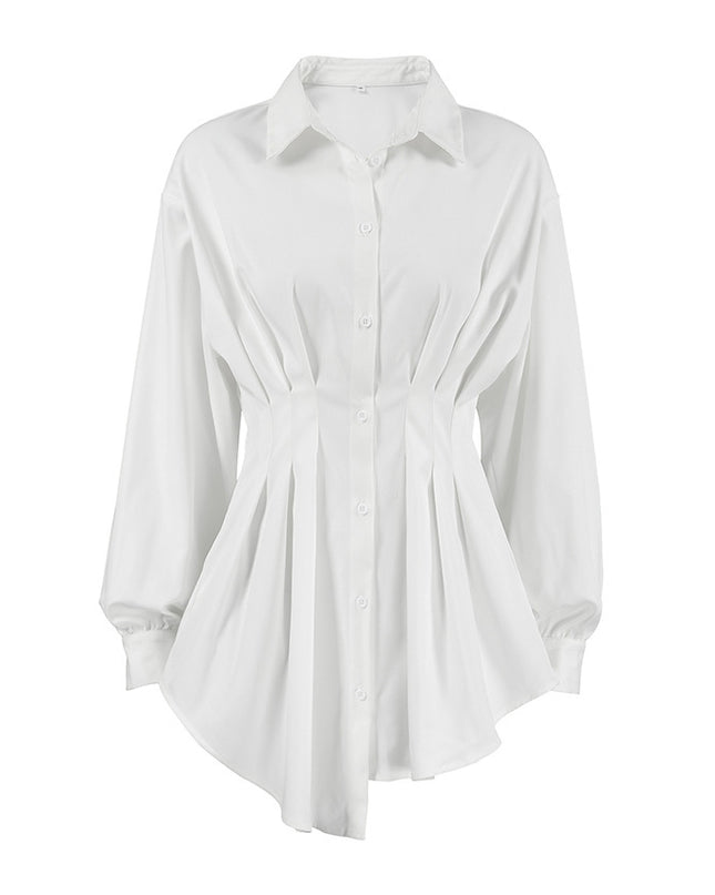 Cinched Pleated Lapel Long Sleeve Shirt