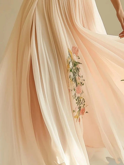 V-neck Short-sleeved Digital Printing Positioning Long Dress