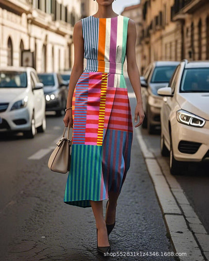 Sleeveless Plus Size Artistic Oil Painting Stripes Elegant Dress