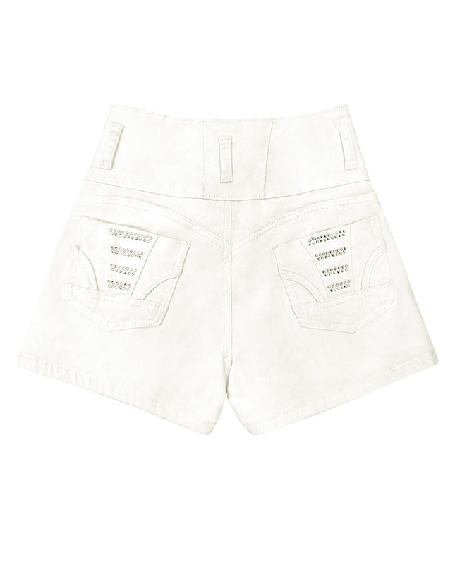 White High Waist Button Shorts Slim Fit