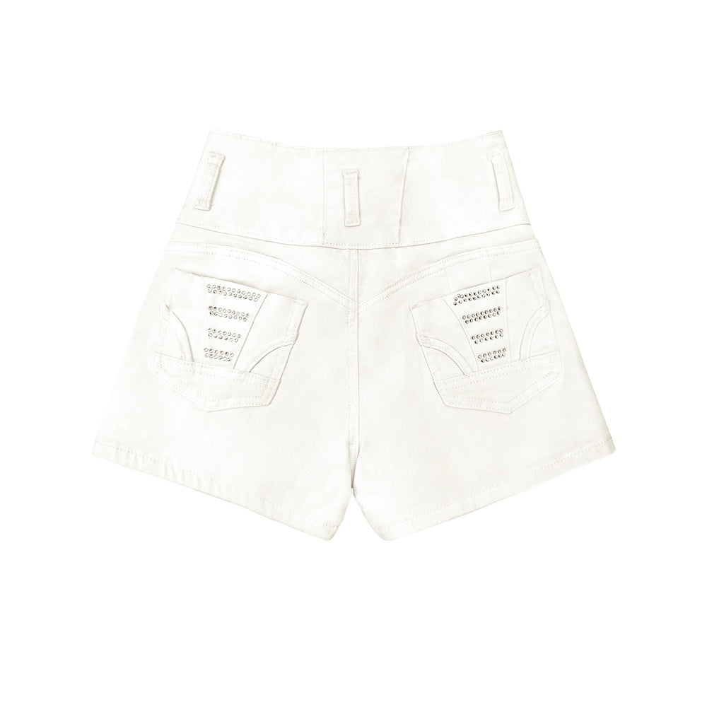 White High Waist Button Shorts Slim Fit