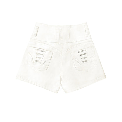 White High Waist Button Shorts Slim Fit