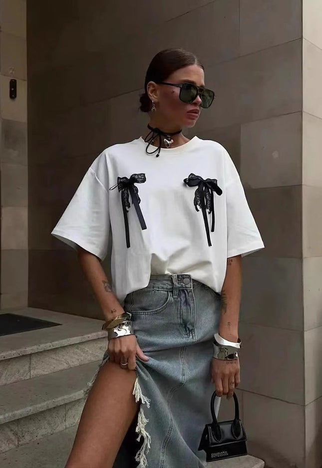 Millennium Bowknot Short-sleeved T-shirt Women's Lace Stitching