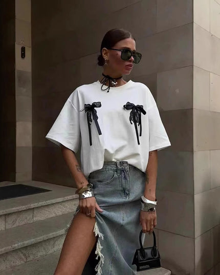 Millennium Bowknot Short-sleeved T-shirt Women's Lace Stitching